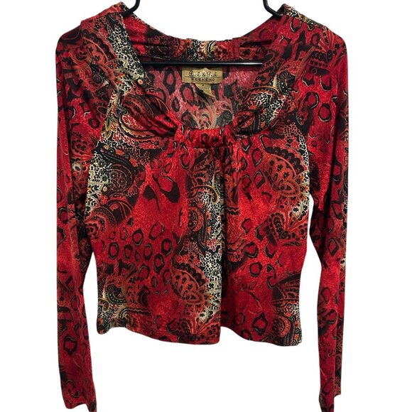 Peck & Peck Weekend Womens Sz M Long Sleeve Red Paisley Animal Print Top Elegant - Picture 1 of 10